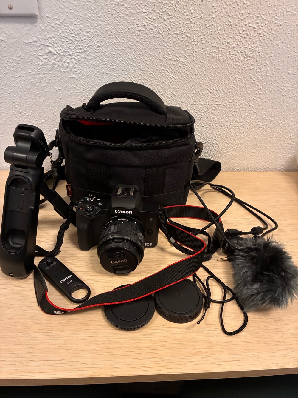 Canon Mirrorless Camera Bundle in Black with Red-Trim Strap